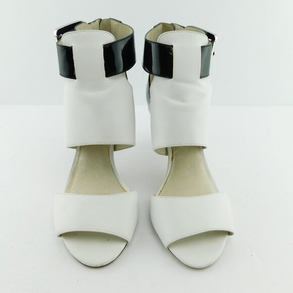MICHAEL KORS Black White Color Block Leather Logo Buckle Heel Sandals 6 - Picture 2 of 7